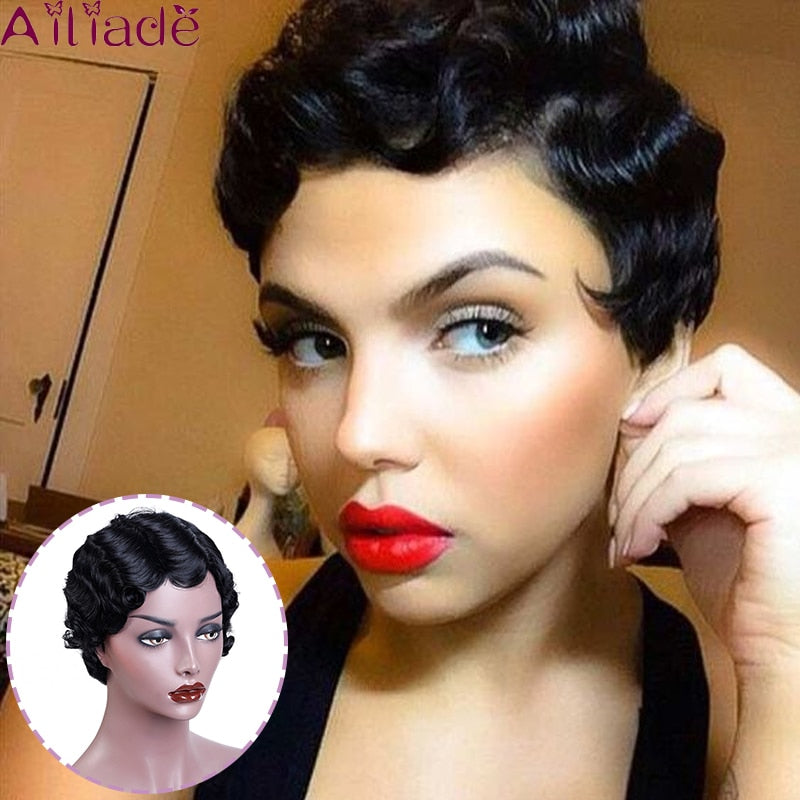 Ddbos Black Hair Short Wave Wigs For Woman Short Finger Wave Wigs Short Pixie Cut Wig Short Wigs