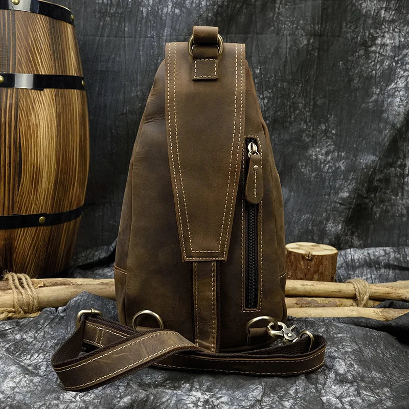 Ddbos Men's Crazy Horse Leather Sling Backpack Chest Bag Small Casual Travel Bag Vintage Cow Leather Crossbody Bag Cowhide Rucksack