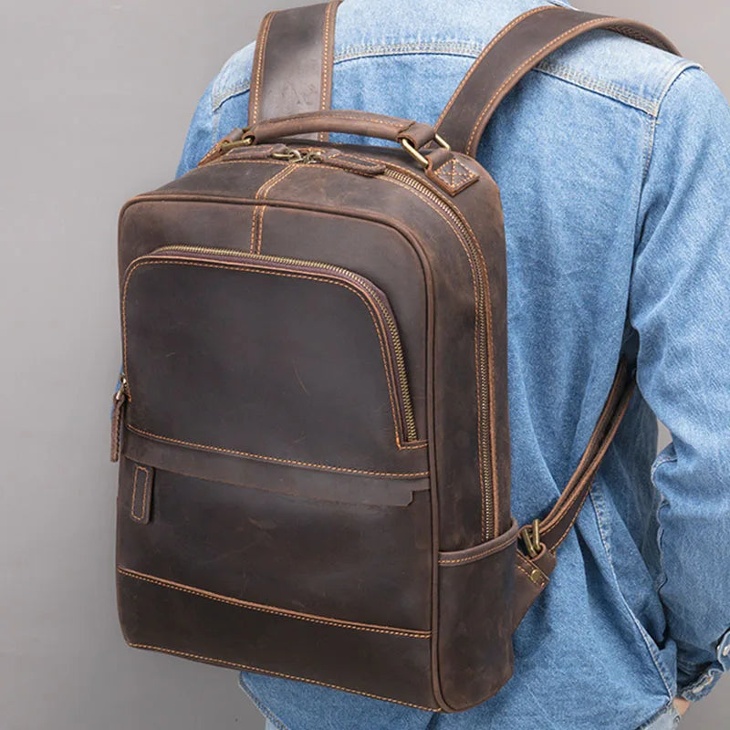 Vintage Crazy Horse Genuine Leather Man's Backpack Fit 14" Laptop Women Rucksack Leather School Bag Big Travel Backapack For Man