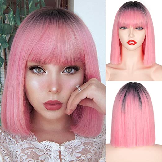 Ddbos Synthetic Wig Short Straight With Bangs Pink Black Purple Blond White Wig Female Short Bob Halloween Christmas Party Cosplay Wig