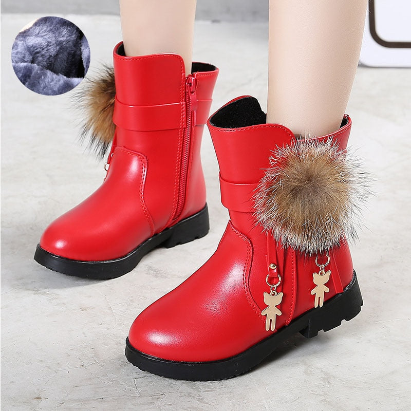 Ddbos New Winter Girls Boots Real Fur Ball PU Leather Kids Snow Boots Warm Plush Sneakers Children Shoes