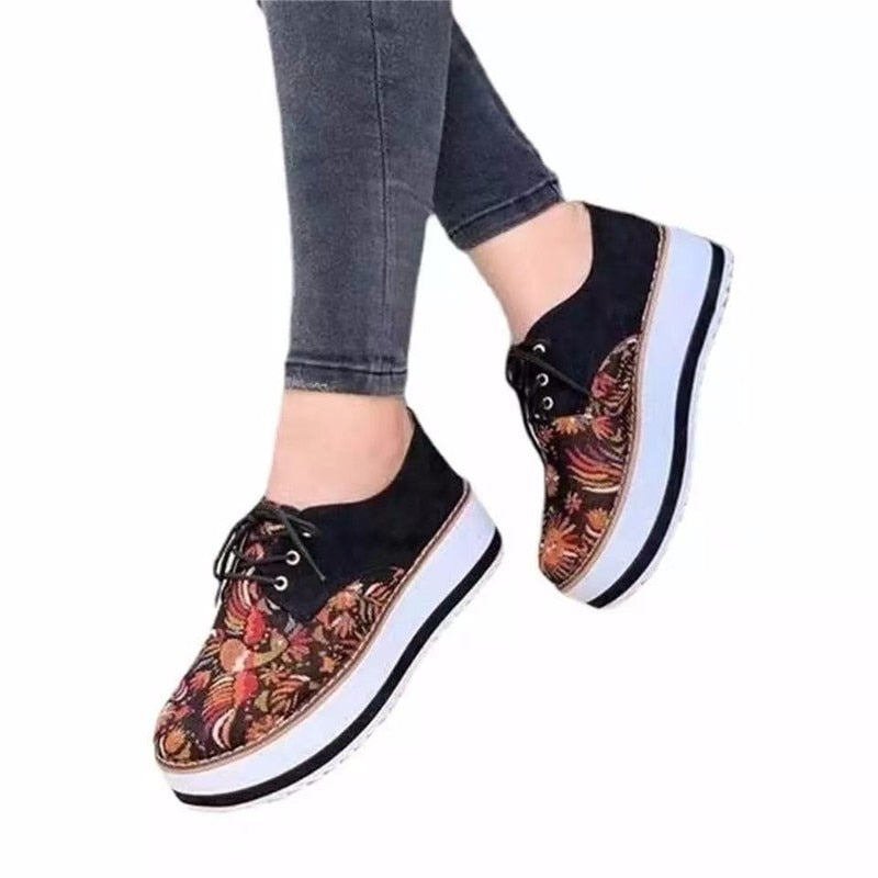 Ddbos Floral Printed Platform Shoes Women Sneakers Autumn Thick Bottom Casual Ladies Shoes Zapatillas Mujer Plus Size 43