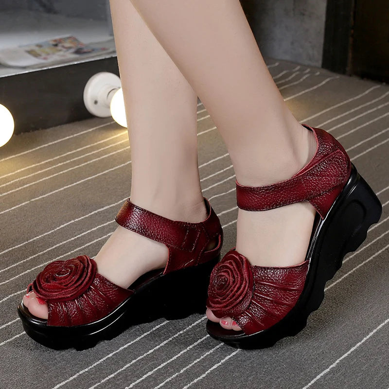 Ddbos Ethnic Style Genuine Leather Women Shoes Sandals Wedges Sandals Handmade Genuine Leather Platform Women Sandal