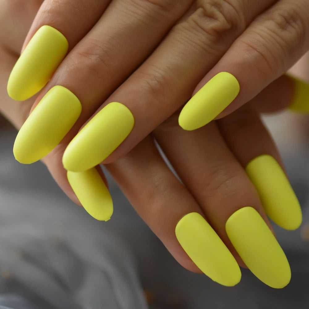 Ddbos Neon Yellow Medium False Nail Oval Attractive Matte Press On Nail Artificial Practice DIY Nail Decoration