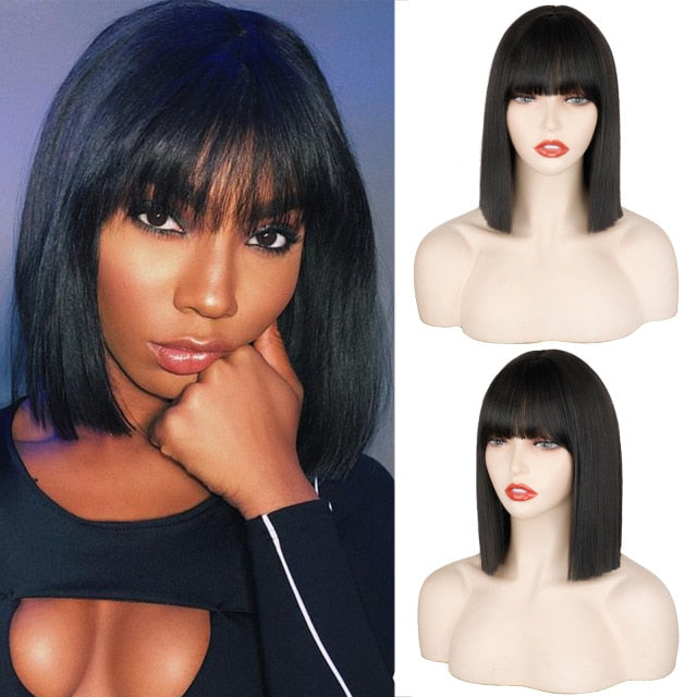 Ddbos Synthetic Wig Short Straight With Bangs Pink Black Purple Blond White Wig Female Short Bob Halloween Christmas Party Cosplay Wig