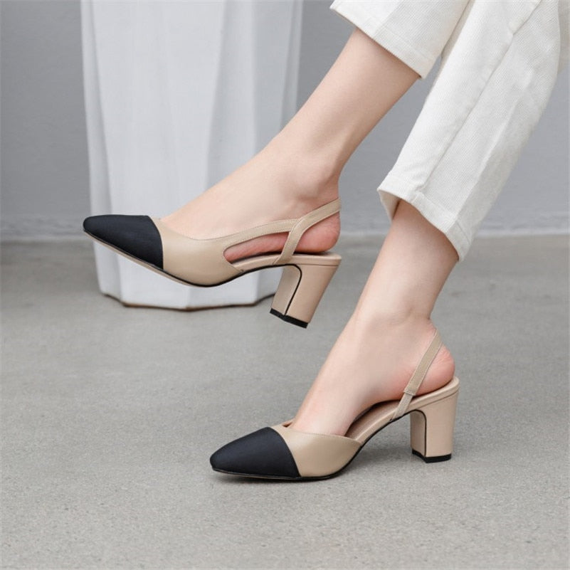 Ddbos Low Heels Real Leather Slingbacks Shoes Women Square Toe Pumps Thick Heel Shoes Brand Design Lady Footwear Size 40