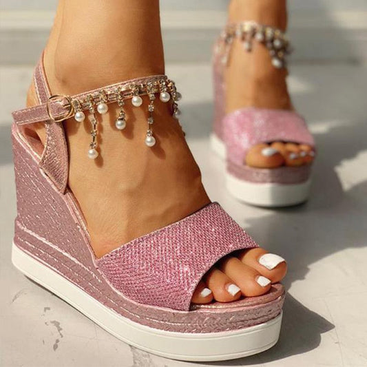 Women Wedge Sandals Summer Bead Studded Detail Platform Sandals Buckle Strap Peep Toe Thick Bottom Casual Shoes Ladie