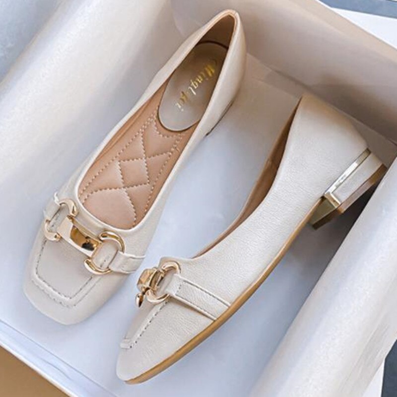 Ddbos Valentine's Day New Women Med Heel Square Toe Pumps Office Lady Shoes Big Gold Metal Chain Soft Soles Slip on Leahter Shoes