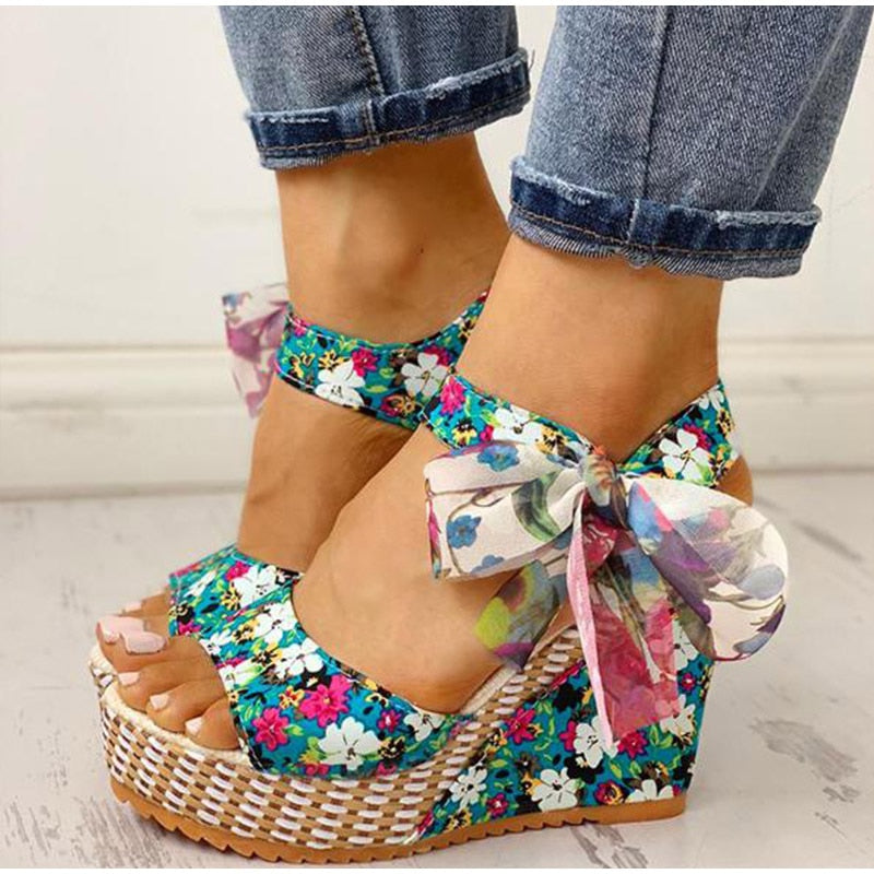 Ddbos Summer Beach Boho Floral Wedge Sandals Women Ankle Strap Platform Gladiator Shoes Woman High Heels Sandalias Mujer