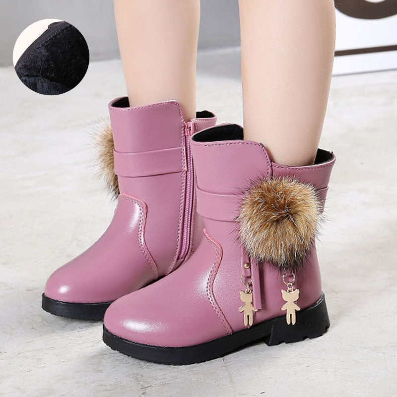 Ddbos New Winter Girls Boots Real Fur Ball PU Leather Kids Snow Boots Warm Plush Sneakers Children Shoes