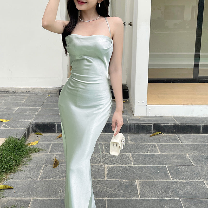 prom dresses Diagonal Cut Crystal Satin Backless Sling Dress Strap Sexy Slim Dress