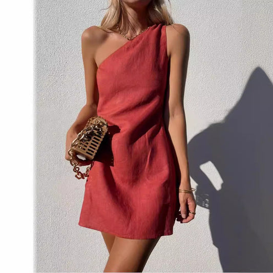 casual summer outfits Wishl New Women's Clothing New Solid Color Slim Temperament Commuter Shoulder Dress