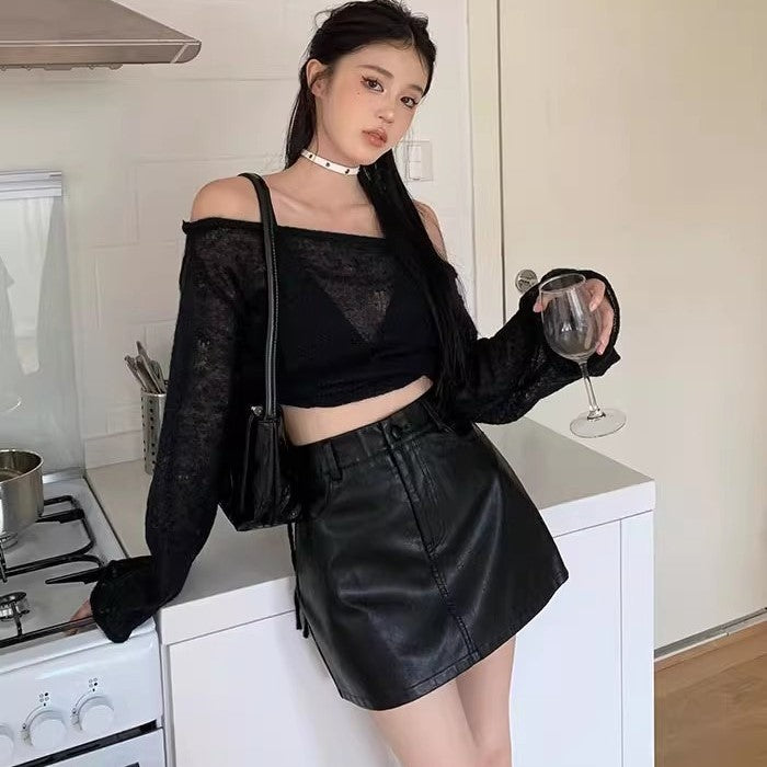 y2k New Sweet and Spicy Style Short Small Leather Skirt Autumn and Winter Versatile High Waist A- line Skirt One-Step Skirt PU Leather Skirt