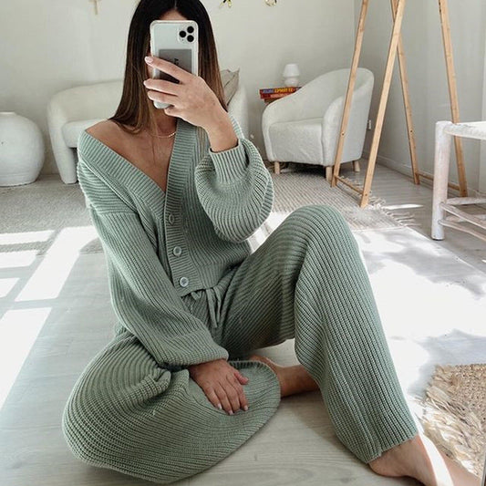 comfy school outfits 2024 Casual Fashion Women's Solid Color Cardigan Long Sleeve Knitwear Trousers Two-Piece Suit