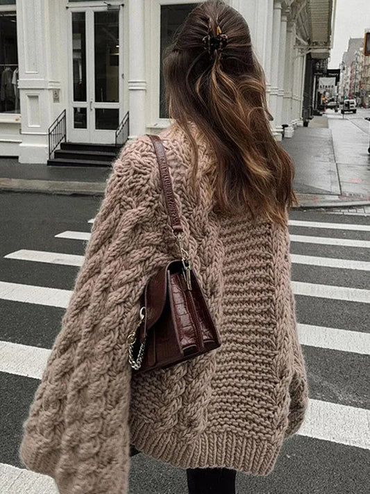 simple winter outfits Spring and Autumn Fashion Elegant round Neck Bell Sleeve Knitted Sweater Loose All-Match Top