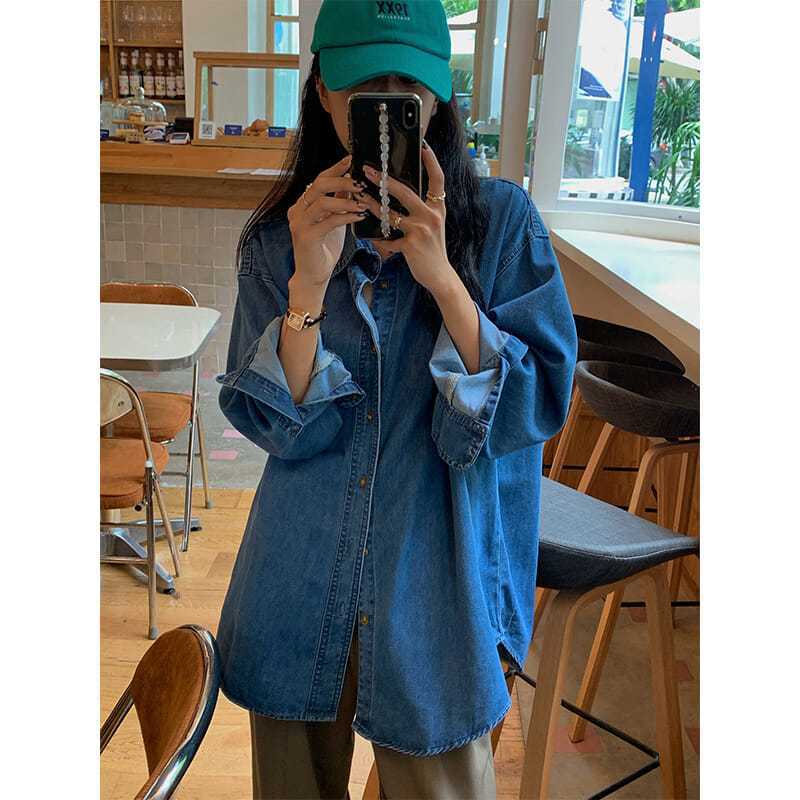 fashion outfits Autumn Japanese Retro Denim Shirt Women's Mid-Length Casual Loose Slimming Long Sleeve Fashion Top Coat