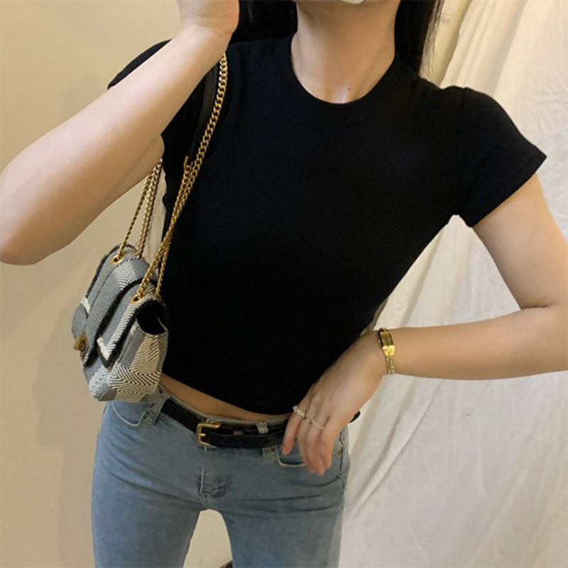 picture day outfit highschool Women's American-Style Short-Sleeved T-shirt with Straight Shoulder Thread Basic Summer New off-the-Collarbone Sexy Hot Girl Ins Short Top