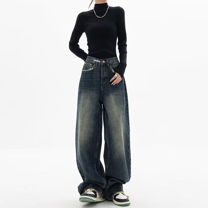 2000s fashion Harajuku Fashion High Waist Women's Spring and Autumn New All-Match Zipper Light Color Washed Trendy Jeans Simple Straight Pants