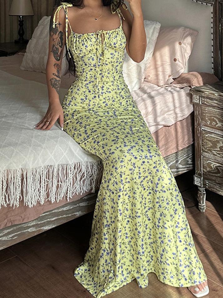 Ddbos - Lace Up Floral Maxi Dress