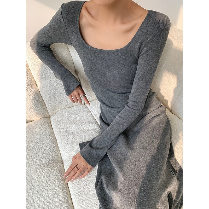 fashion outfits Autumn and Winter Slim Fit Slimming Inner Long Sleeve Mid-Length Bottoming Hip Skirt Square Collar Knitted Dress Women