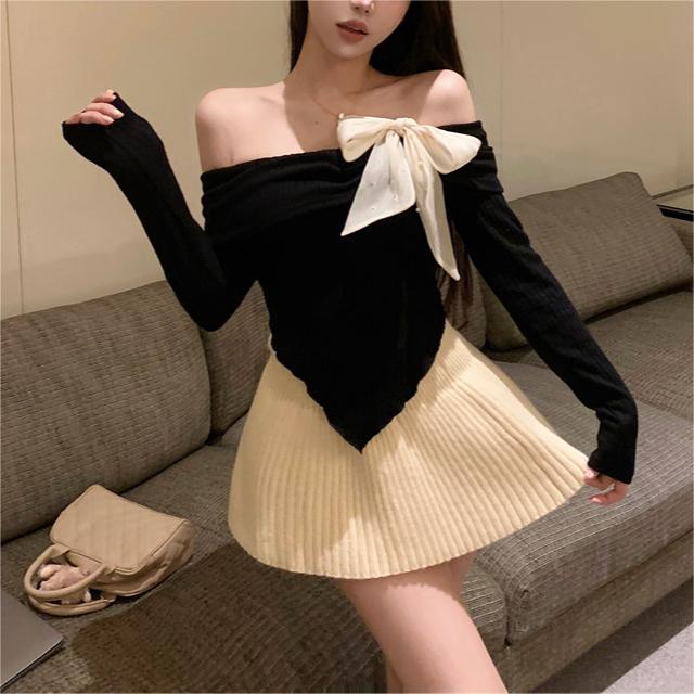 outfit Spring off-Shoulder Big Bow off-Shoulder Long Sleeve T-shirt Women's Sweater Top Bottoming Sweater