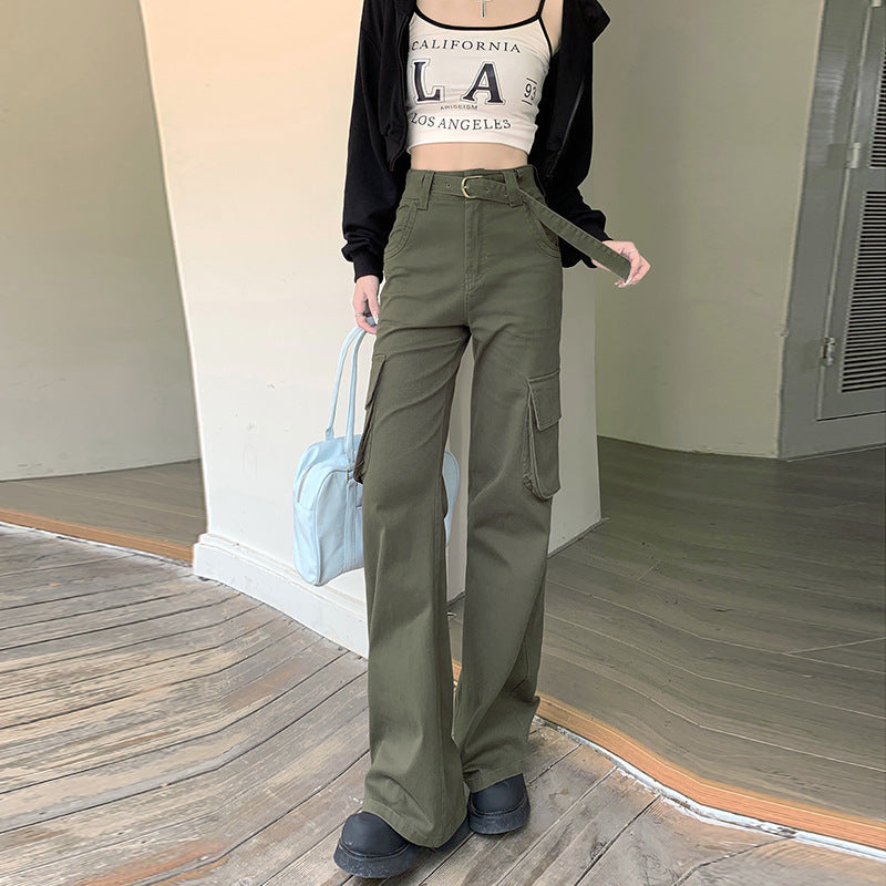 datenight fall outfits Autumn and Winter American Street Retro Stitching Belt High Waist Large Pocket Micro Pull Tooling Casual Pants for Women