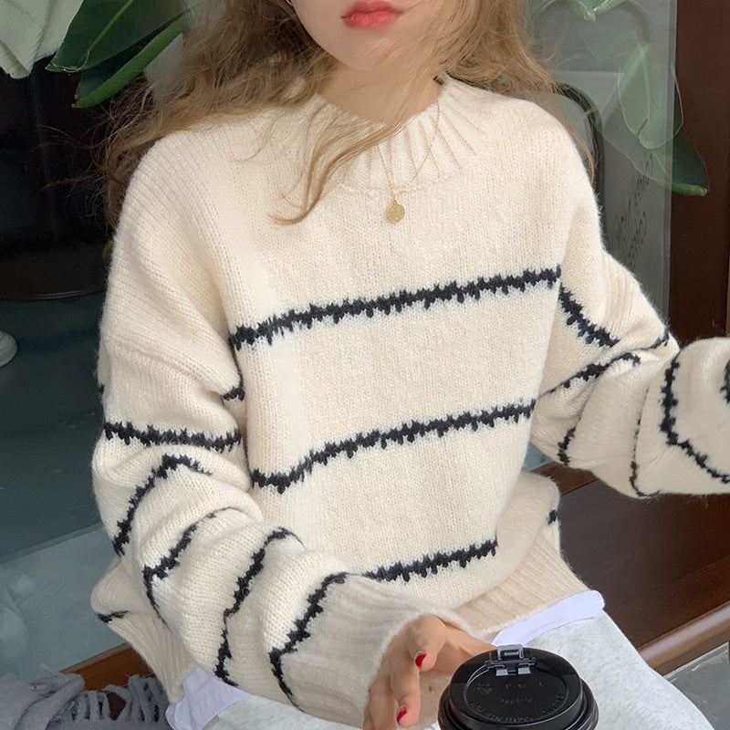 fall outfits Retro Japanese Style Lazy Loose Sweater Women's Thickened Autumn and Winter Long Sleeve Striped Half Turtleneck Sweater