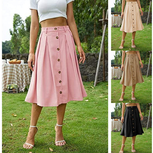 skirt outfits Spring and Summer New Women's Button Skirt Casual Skirt Plastic Waist Princess Dress