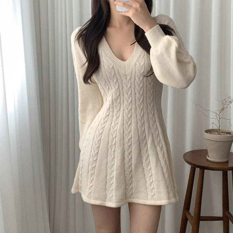 long sweater dress outfit Chic Elegant Twist Knitted Dress Women's Autumn and Winter Lantern Mid-Length Waist V-neck Sweater Women