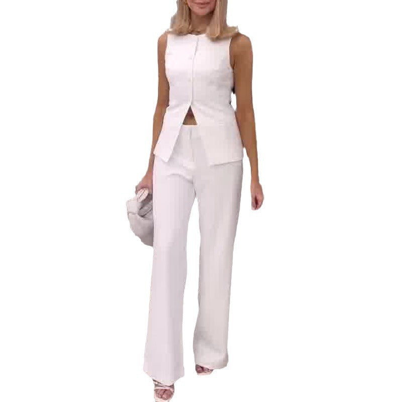 date night outfit Women's Summer Square Collar Sleeveless Vest Top High Waist Straight Trousers Fashion Suit