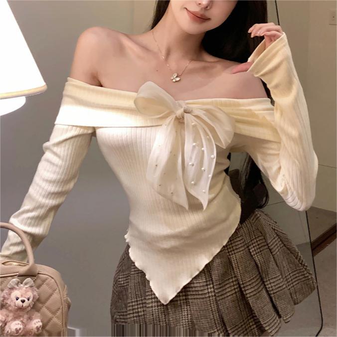 outfit Spring off-Shoulder Big Bow off-Shoulder Long Sleeve T-shirt Women's Sweater Top Bottoming Sweater