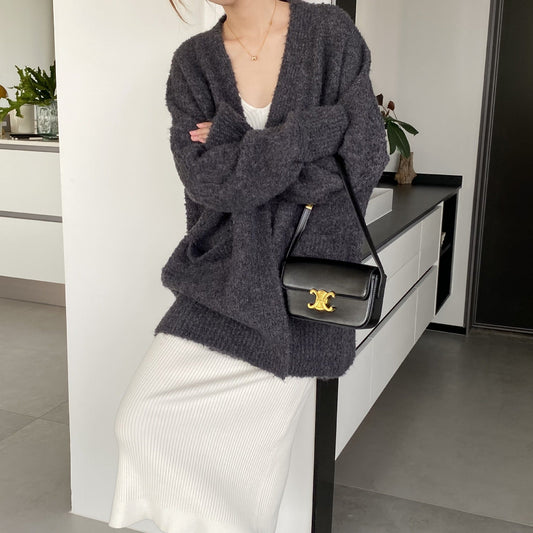 discover style ideas Women's V-neck Cardigan Coat, Long Sleeve Loose Wool Lazy Sweater, Y667