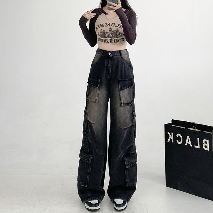 y2k outfits American Hip Hop Jazz Jeans Women's 2024 New Wide Leg Street Hip Hop Pocket Overalls