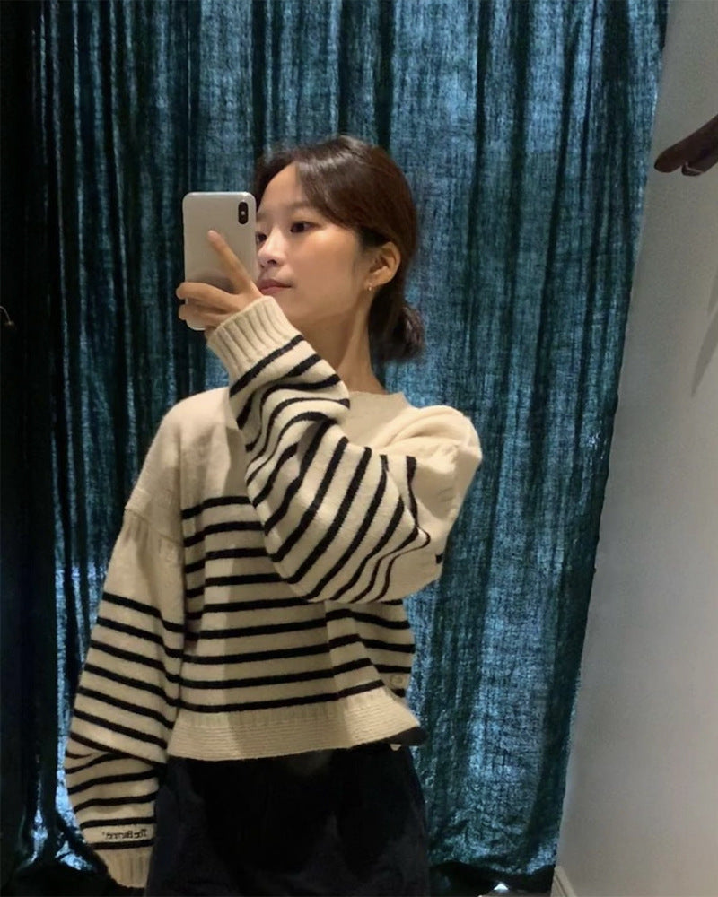 style Korean Style Women's Clothing Eight Milk Autumn and Winter Striped Shorts Loose Sweater Sweater Top