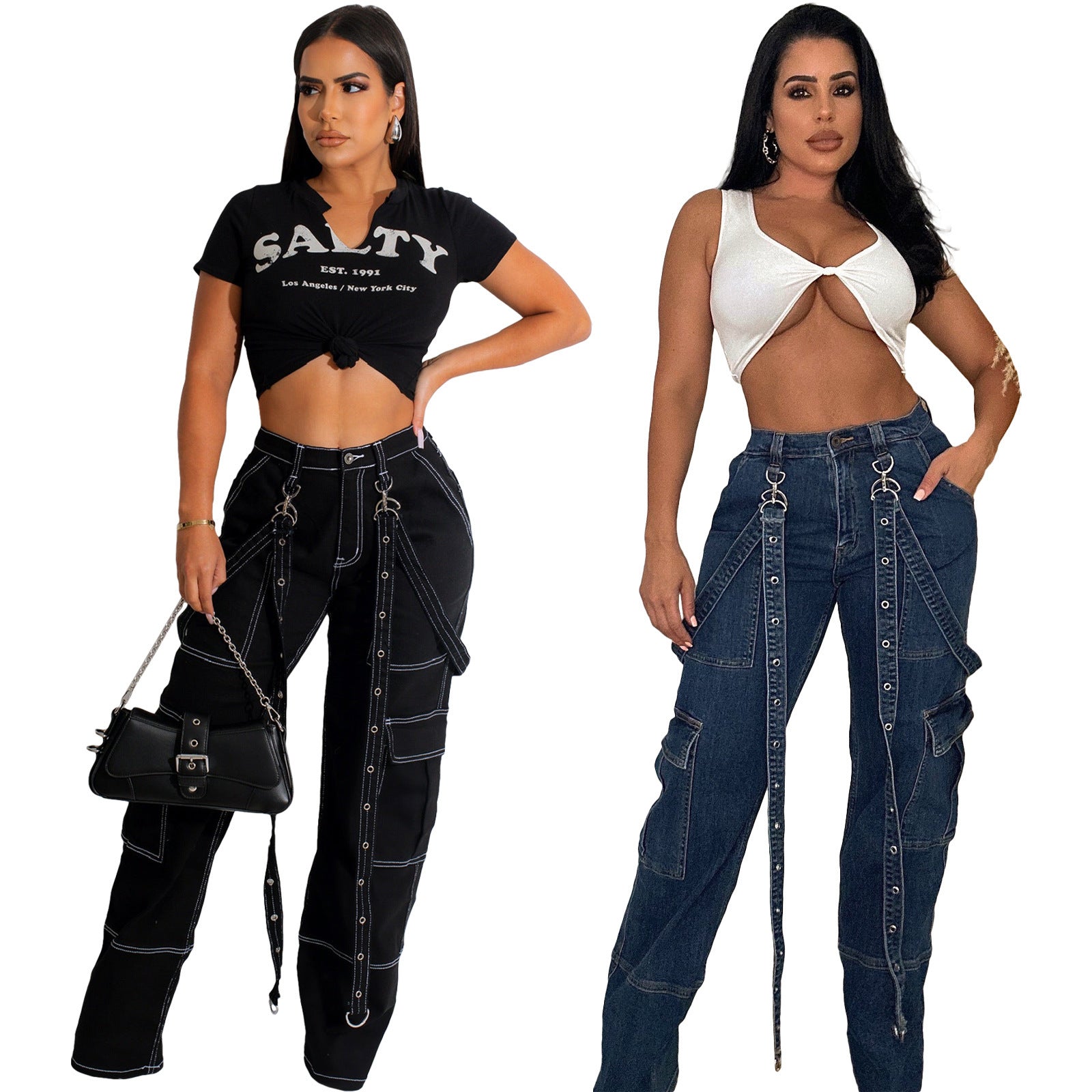 fall fashion Women's Loose Casual Organ Tooling Bag Sling Straight Denim Trousers