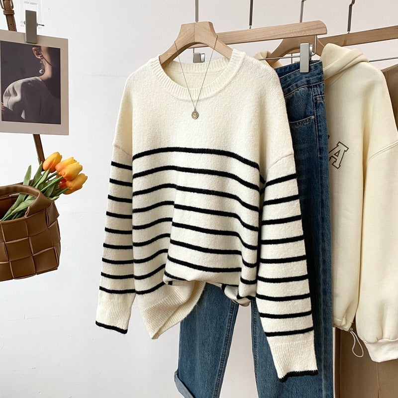 style Autumn and Winter New Korean Style round Neck Striped Sweater Glutinous Rice Velvet Skin-Friendly Anti-Pilling Loose Lazy Top