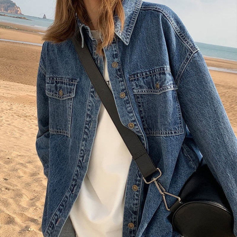 fashion outfits Retro Washed Denim Coat Women's Autumn New Long Sleeve Denim Shirt Women's Loose Slimming Denim Shirt