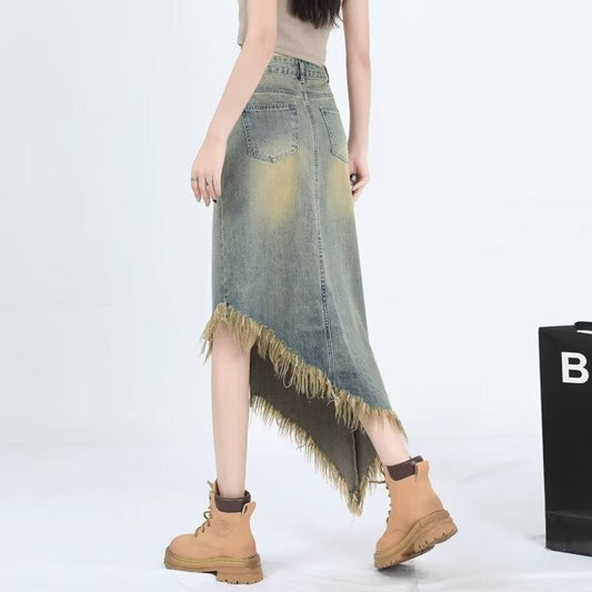 skirt outfits 2024 New Summer Irregular Frayed Denim Skirt Women's Distressed Design Versatile Mid-Length Skirt Fashion