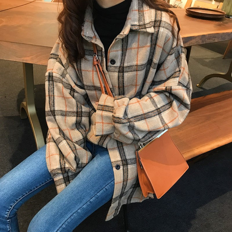 college outfits aesthetic Brushed Lapel Plaid Shirt Women's Clothing Winter New Retro Hong Kong Style French Fashion Top Student Coat