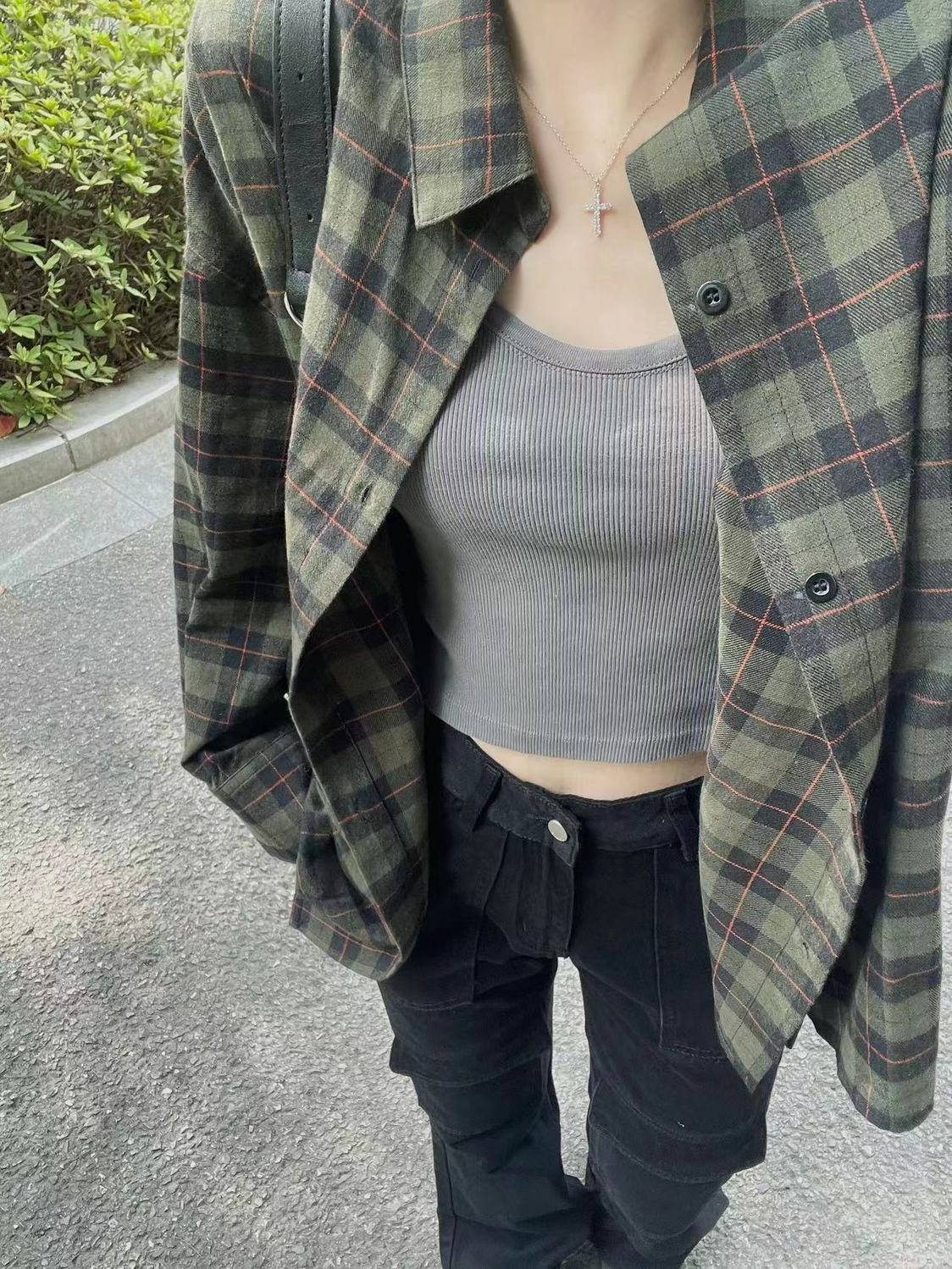 grunge outfits Retro Chic Green Plaid Shirt Women's Autumn and Winter Loose Lazy Style Mid-Length Shirt Coat Cardigan Outer Wear