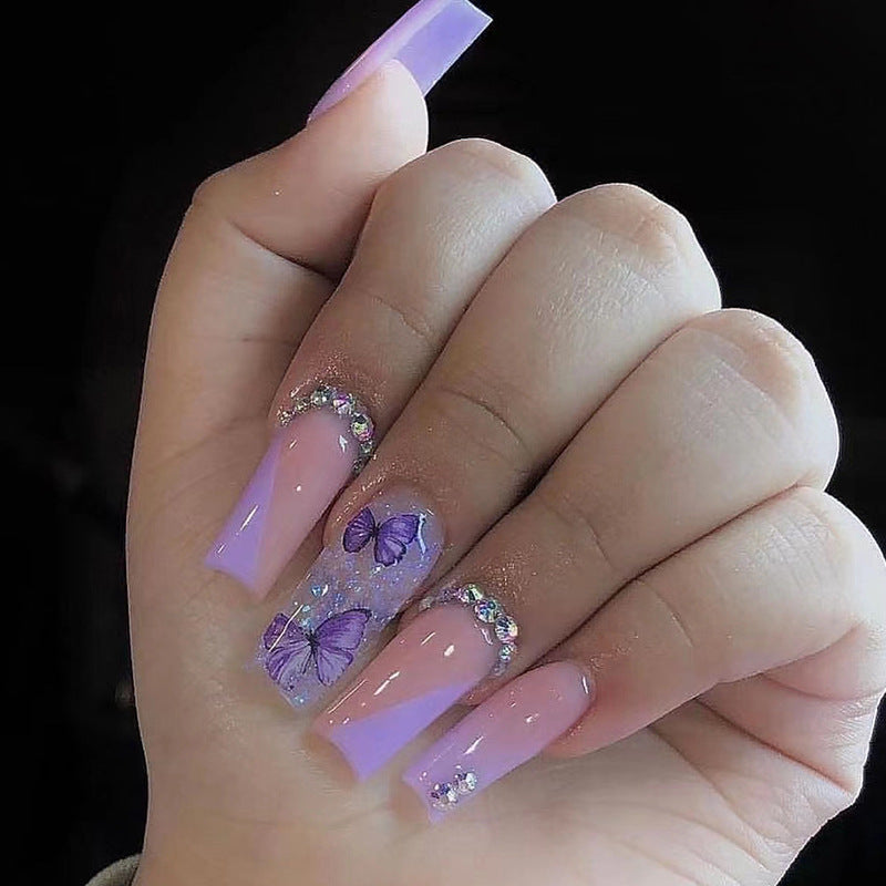 women’s fashion Shiny Broken Diamond Ice Cream Taro Purple Butterfly Manicure Light Purple French Princess Style Wear Nail Fake Nails