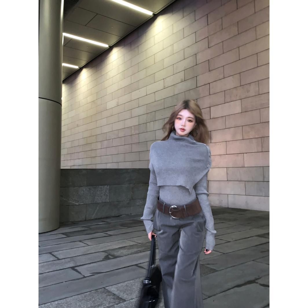 business casual outfits High-End Gray Shawl Long-Sleeved Sweater Low Waist Mopping Casual Pants 2024 Winter Fashion Suit Women