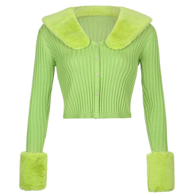 joker costume female outfit Autumn Fur Collar Solid Color Sweater Fashion Slim Slimming Cardigan Sweater Casual Top