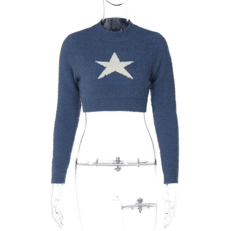 clothes Wind Five-Pointed Star Long-Sleeved Knitted Sweater Spring Hot Girl Sexy High Waist Navel Top