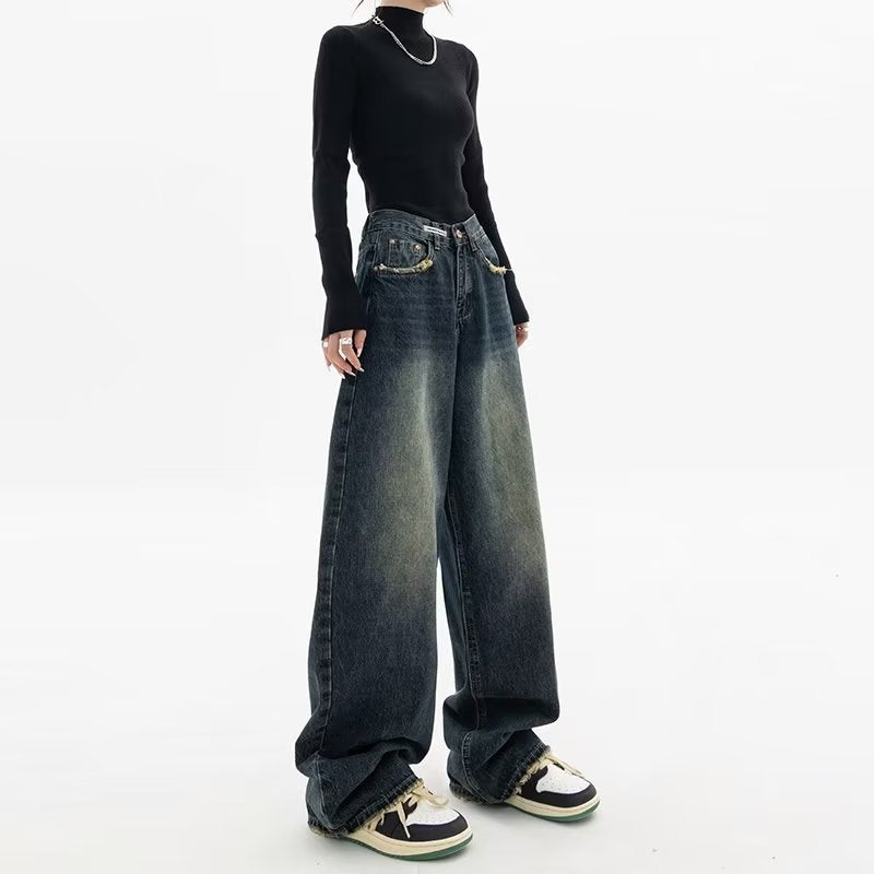 2000s fashion Harajuku Fashion High Waist Women's Spring and Autumn New All-Match Zipper Light Color Washed Trendy Jeans Simple Straight Pants