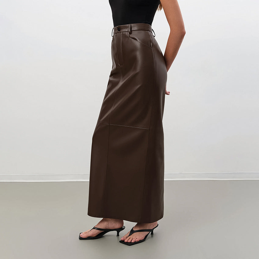 fall fashion outfits Autumn French Style Brown Fleece-lined Leather High Waist Slim Straight Skirt Leather Skirt Versatile Retro Sexy Split Skirt