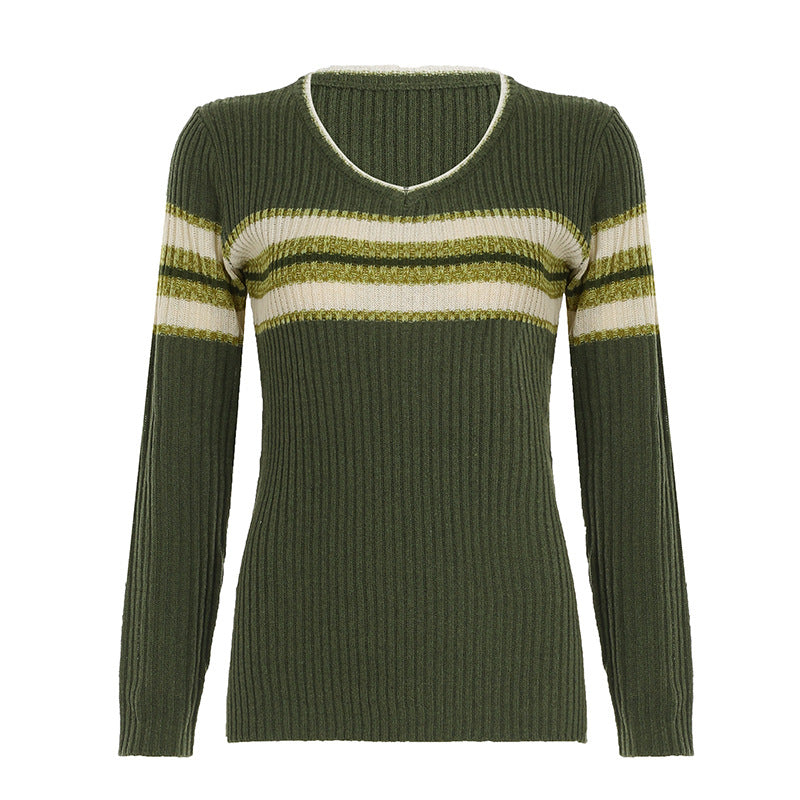 knitted Retro Striped Contrast Color Sweater Preppy Style Slimming Casual V-neck Hot Girl Woolen Pullover