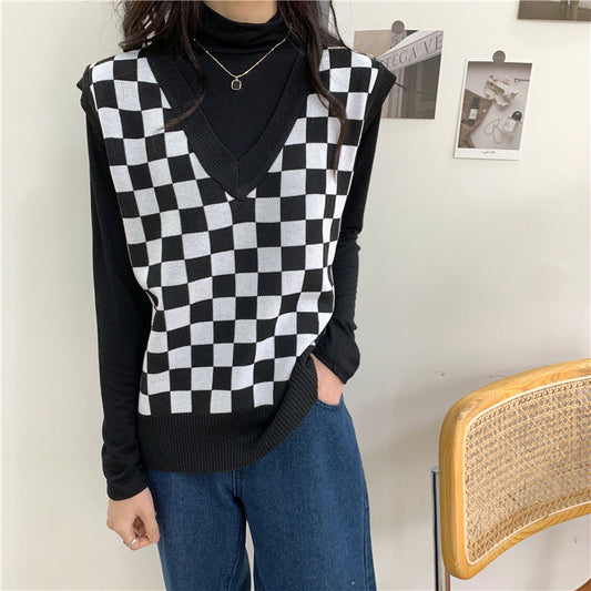 fall outfits black women 2024 Early Autumn New Slimming Chessboard Plaid Sweater V-neck Vest Loose Stacked Outer Sleeveless Vest for Women Fashion