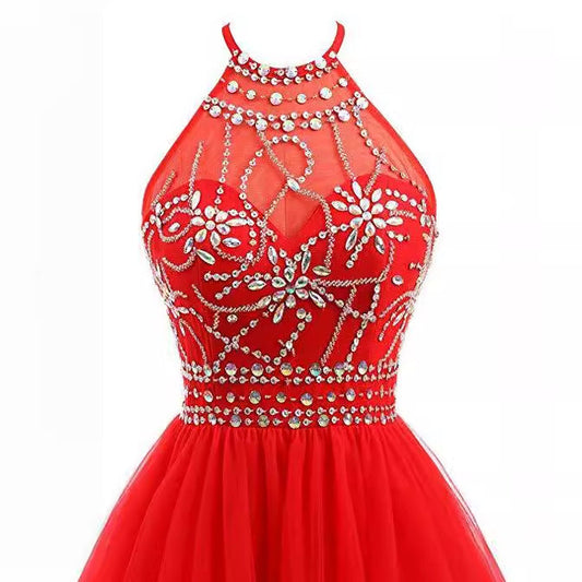 dresses Slim-Fit Small Dress Halter Short Bridal Wedding Dress Banquet Evening Dress Lace New Red Women