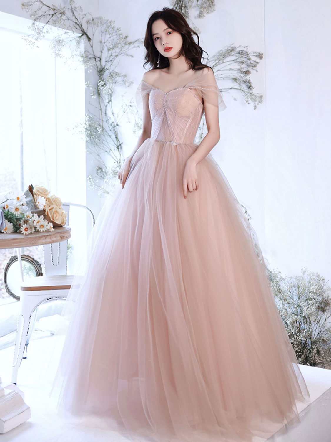 Ddbos A Line Off Shoulder Pink Long Prom Dress, Pink Graduation Dress with Beading Lace